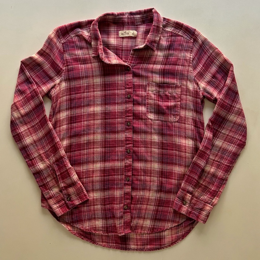 Hollister Pink Plaid Button-Down Flannel Classic Collar Long Sleeve S Winter